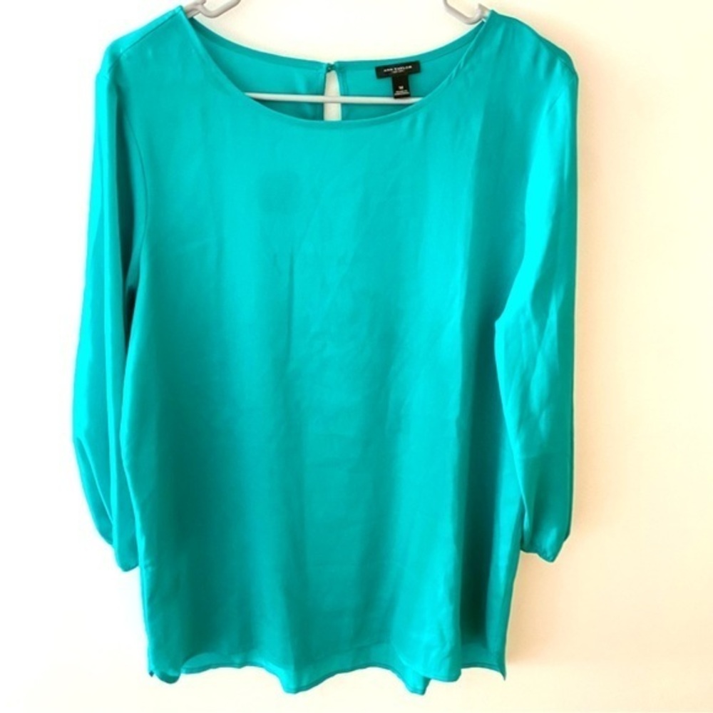 Ann Taylor blouse keyhole back teal cinched sleeves